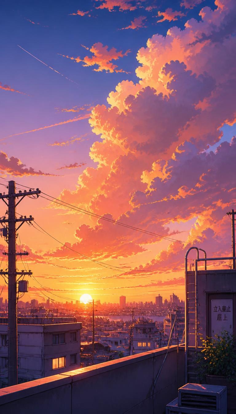 Rooftop Sunset — Anime 2D phone wallpaper