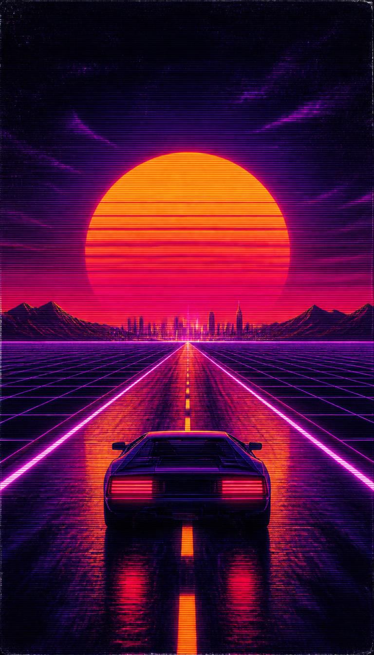Outrun Highway — Retro 2D phone wallpaper