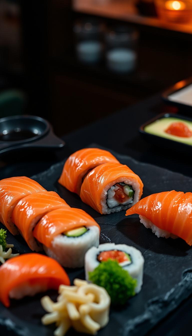 Salmon Sushi Slate — Food 4D phone wallpaper
