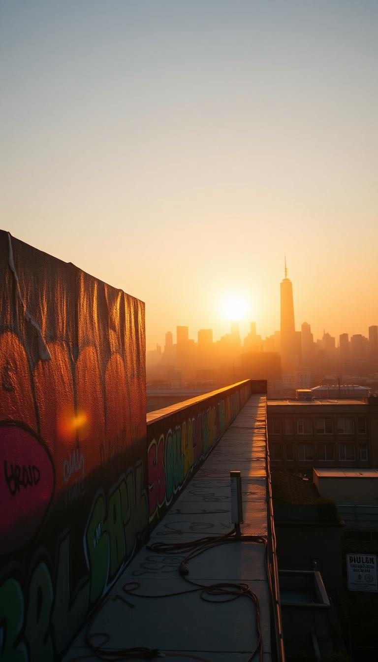 Rooftop Golden Hour — Graffiti 3D phone wallpaper