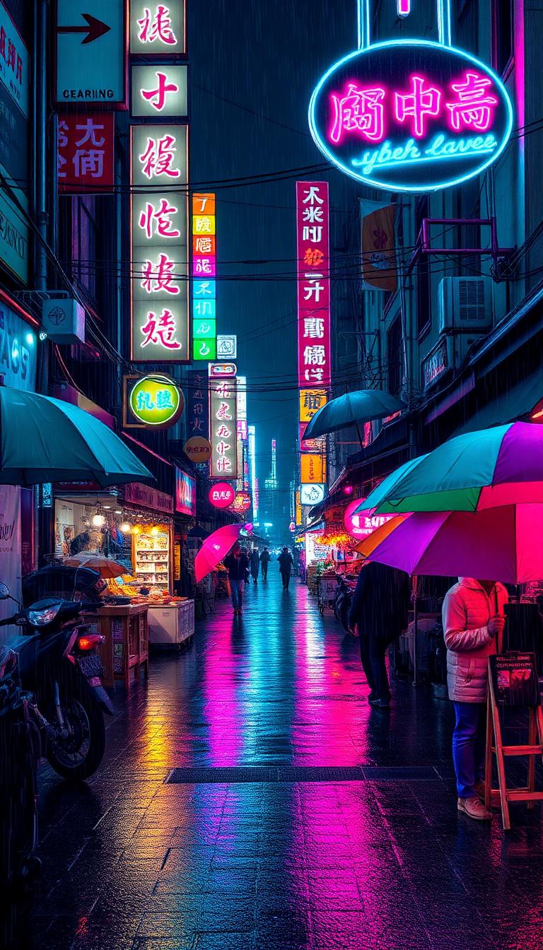 Rain Market — Cyberpunk 4D phone wallpaper