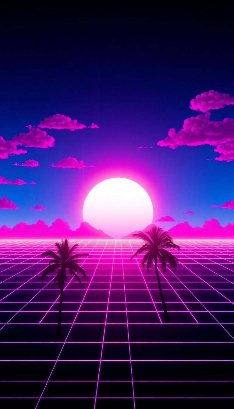 Neon Grid Sunset — Retro 4D phone wallpaper